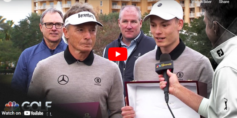 Moment Bernhard Langer was awarded with the 2024 PNC Championship Final leaderboard explored